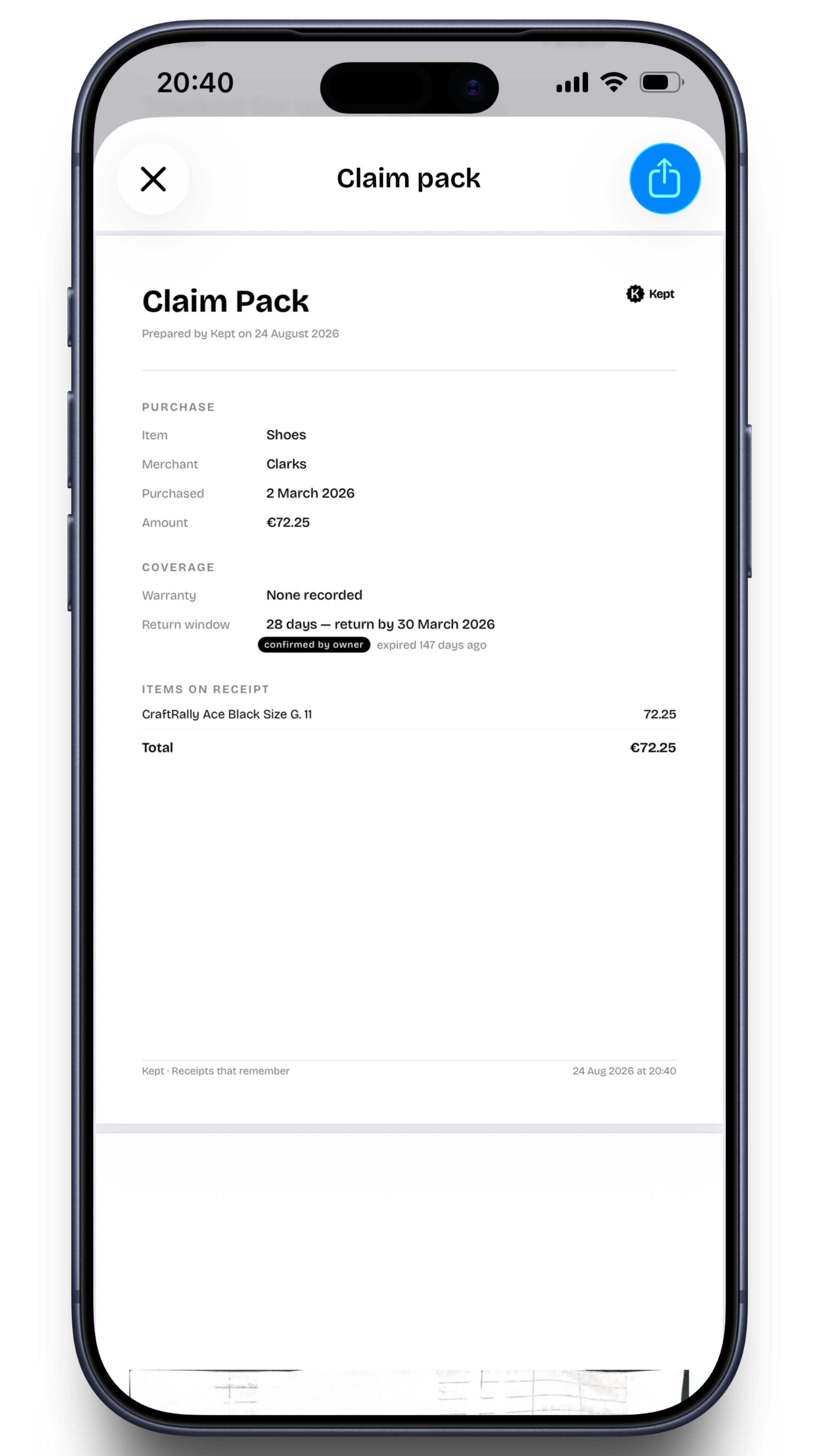 Kept claim pack PDF for a Clarks shoe purchase