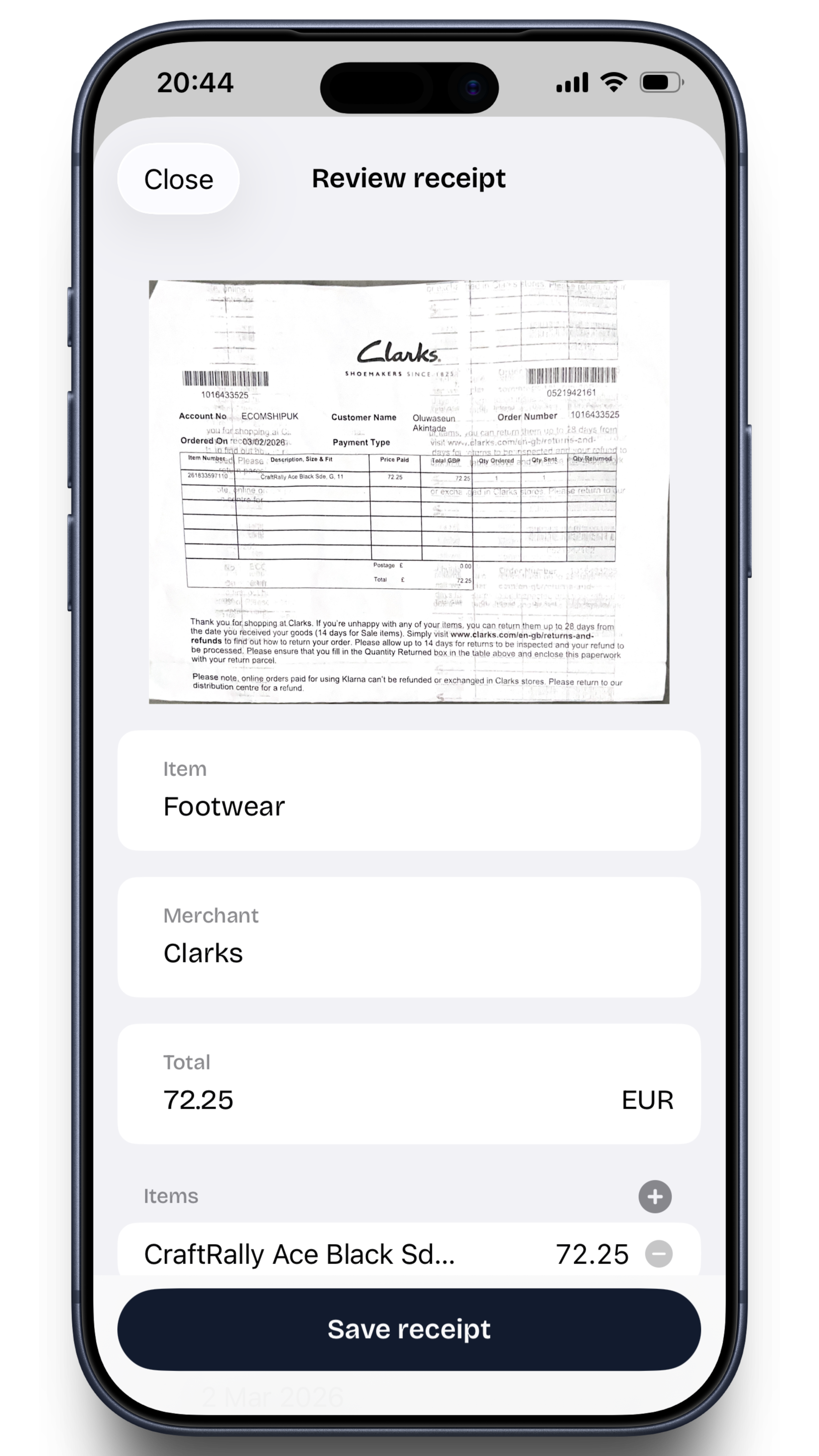 Kept review receipt screen with extracted item, merchant, and total
