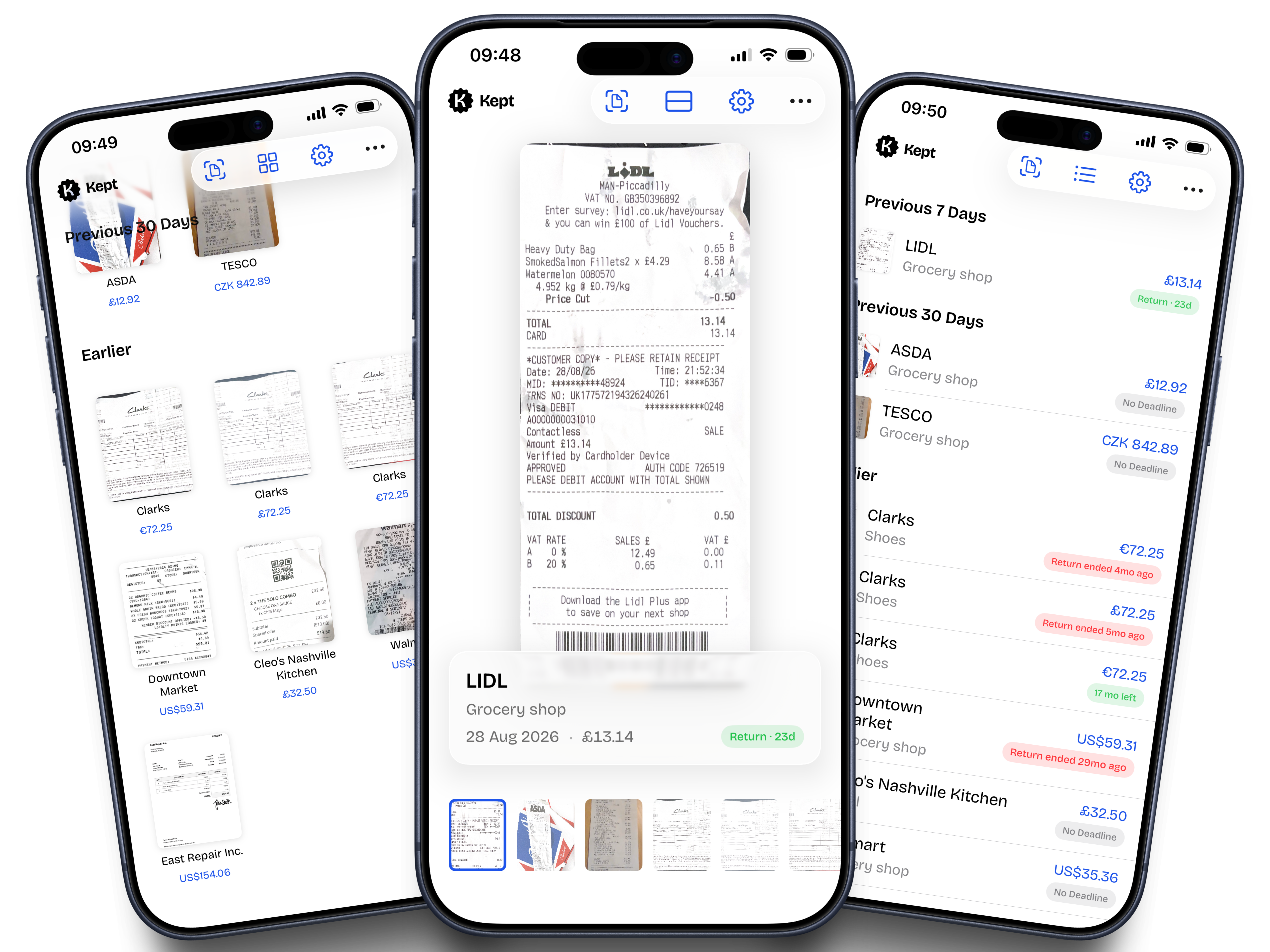 Three iPhones showing the Kept app: a receipt library, a scanned LIDL receipt, and a weekly receipt list